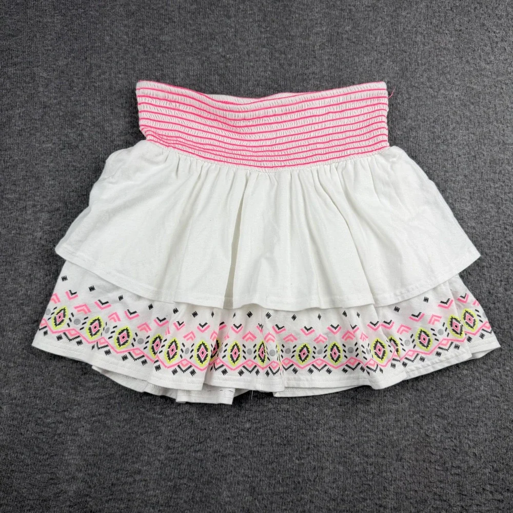 Justice Girls White Tiered Ruffle Skort Pink Tribal Print Smocked Waist 18/20